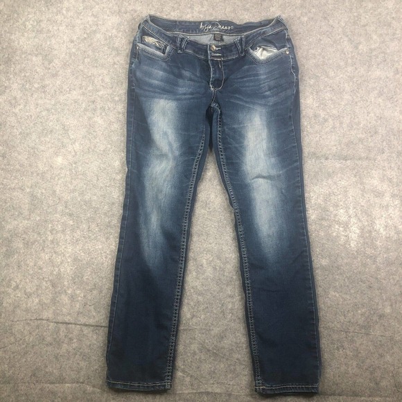 Ariya Jeans Women 13/14 Straight Leg Mid Rise Dark Blue Stretch Embroidered - Picture 1 of 10